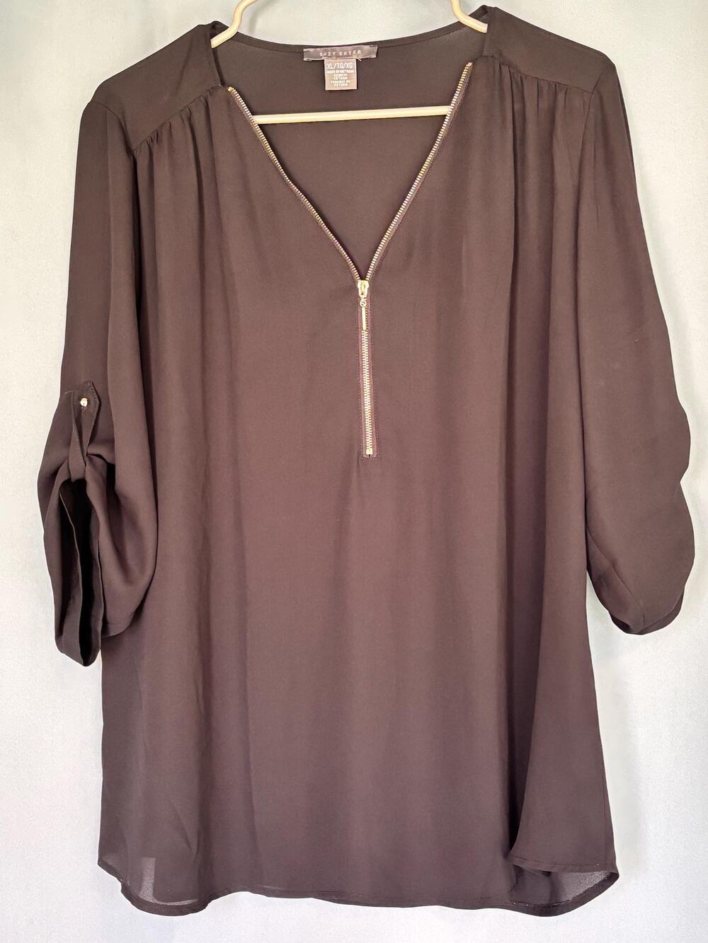 Suzy Shier Womens 3/4 Sleeve Black Zipper Up Lightweight XL